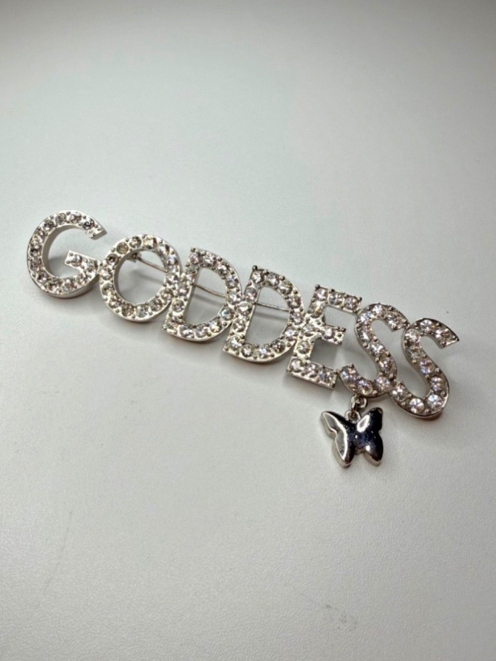 Vintage Silver Tone Rhinestone Crystal GODDESS Brooch Pin w/Butterfly 4.25" Long